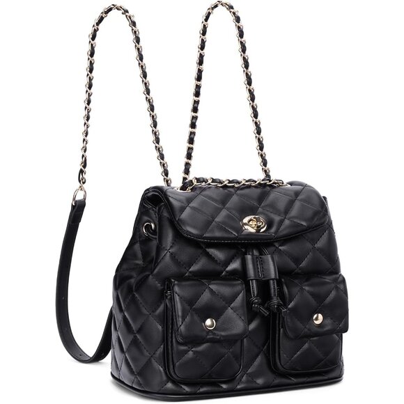 Women’s Small Vegan Leather Quilted Convertible Backpack Purse Black - Picture 1 of 6